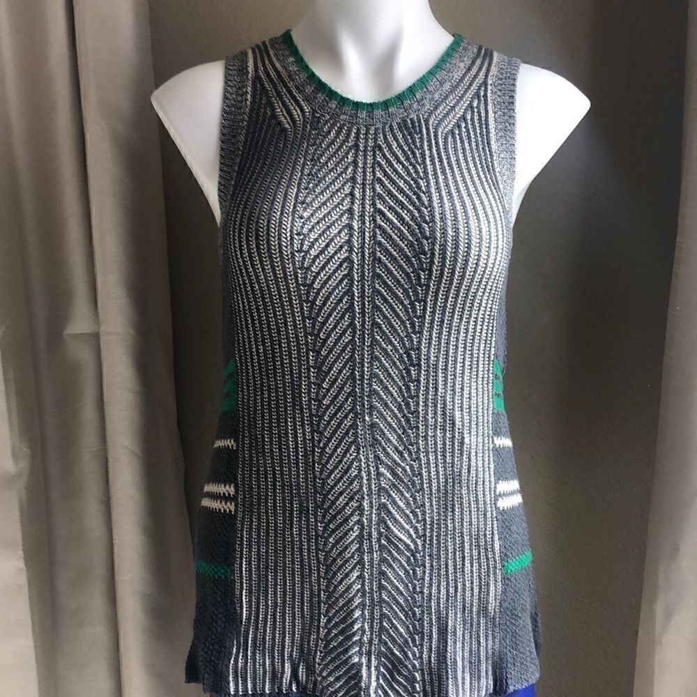CAbi hi lo sleeveless gray and green sweater